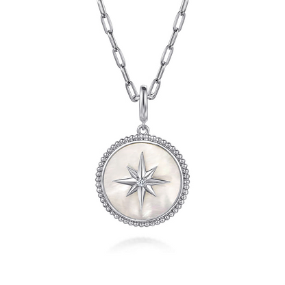 925 Sterling Silver Bujukan White Sapphire and Mother Of Pearl Round Starburst Medallion Pendant