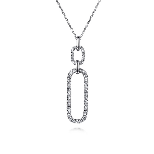 14K White Gold Diamond Link Chain Drop Pendant Necklace