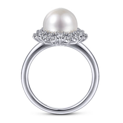 14K White Gold Round Pearl and Diamond Halo Ring