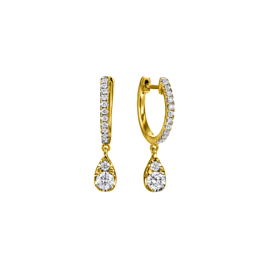 14K Yellow Gold Diamond Huggie Drop Earrings