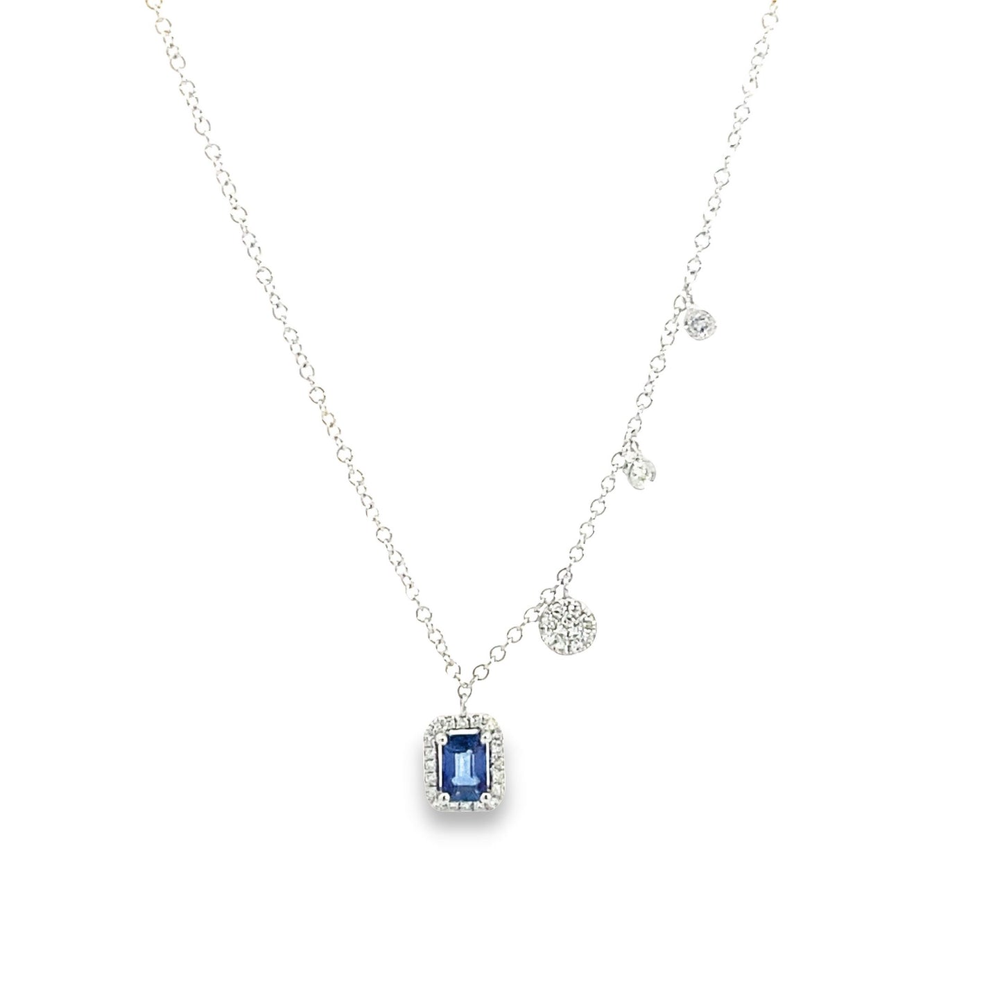 Meira T Designs | 14K White Gold Emerald Cut Blue Sapphire and Diamond Necklace