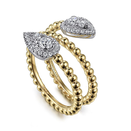 14K White-Yellow Gold Bujukan Wrap Ring with Teardrop Diamonds