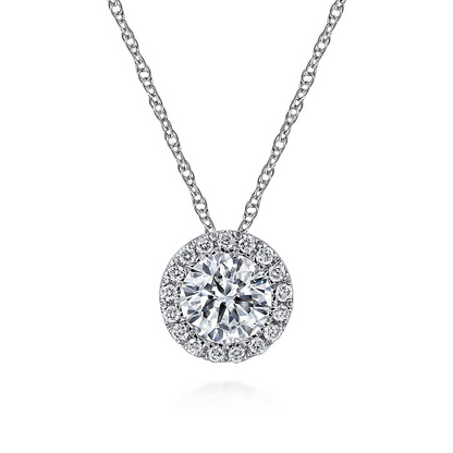 14K White Gold Round White Sapphire and Diamond Halo Necklace