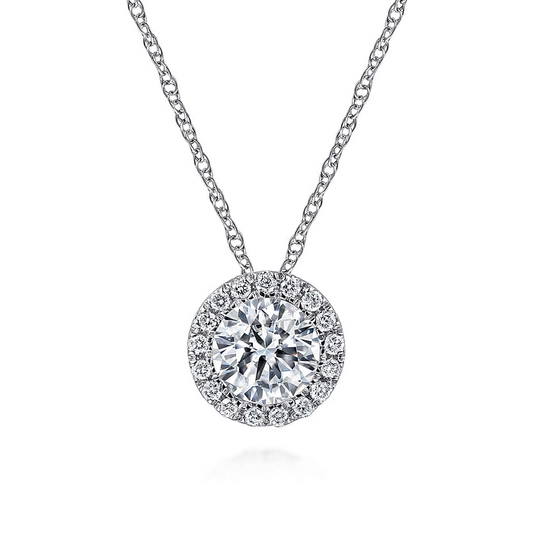 Gabriel & Co | 14K White Gold Round White Sapphire and Diamond Halo Necklace