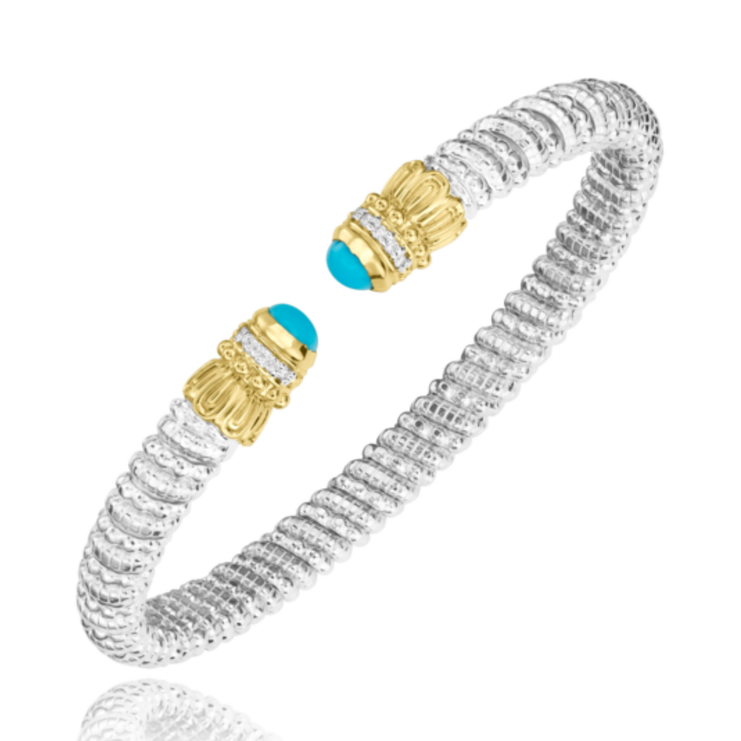 14K Yellow Gold and Sterling Silver Diamond Turquoise Bangle Bracelet