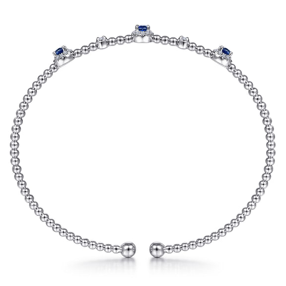 14K White Gold Bujukan Bead Cuff Bracelet with Sapphire and Diamond Halo Stations