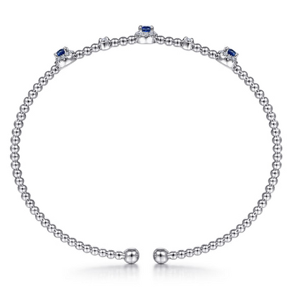 14K White Gold Bujukan Bead Cuff Bracelet with Sapphire and Diamond Halo Stations