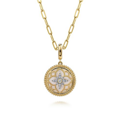 14K Yellow Gold Bujukan Diamond and Mother of Pearl Medallion Pendant