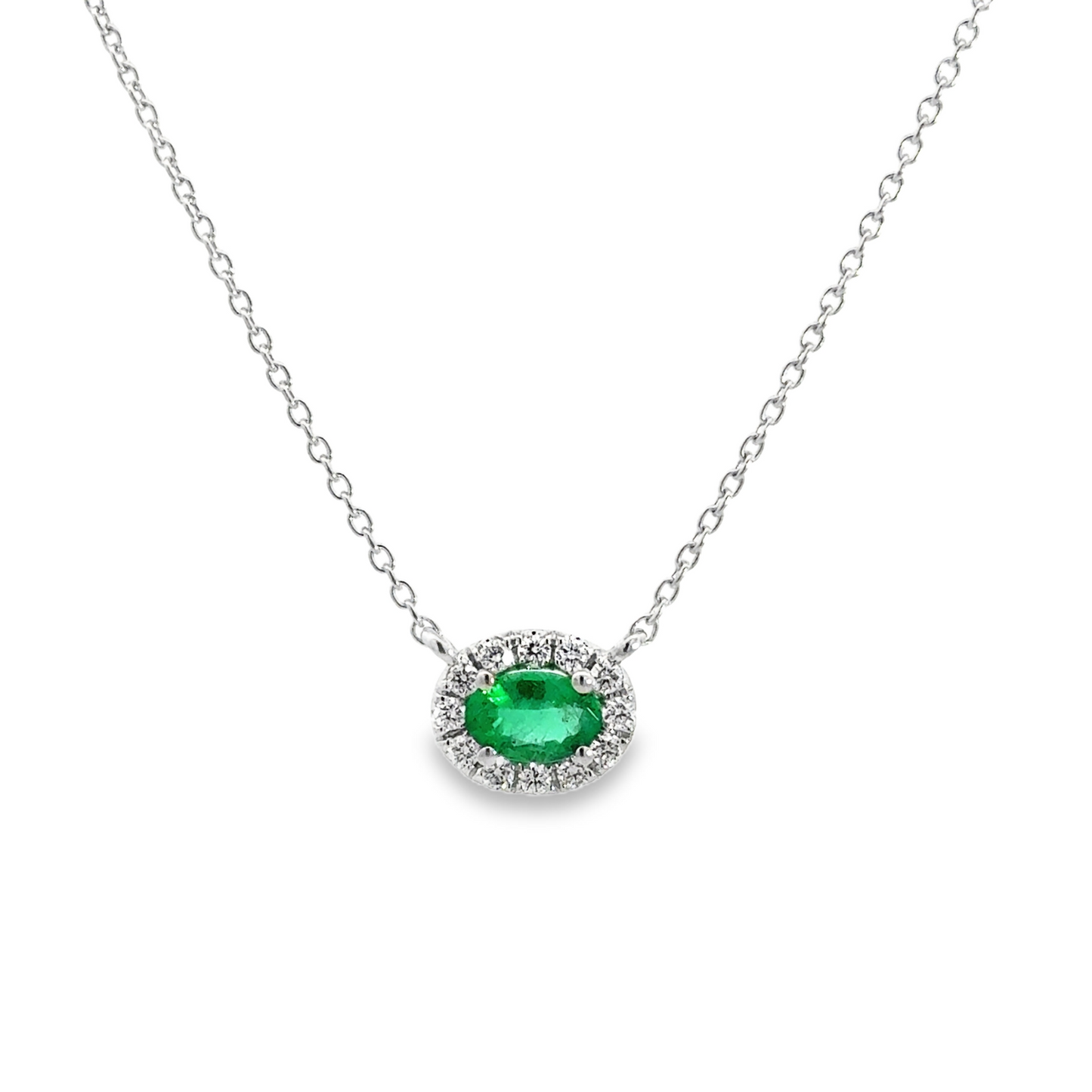 Diamond Halo and Emerald Pendant Necklace