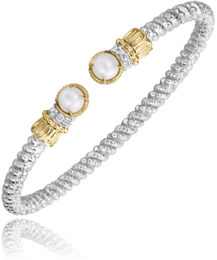 14K Yellow Gold and Sterling Silver Pearl and Diamond Bangle Bracelet