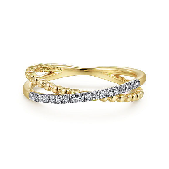 14K Yellow Gold Bujukan Pave Diamond Criss Cross Stackable Ring