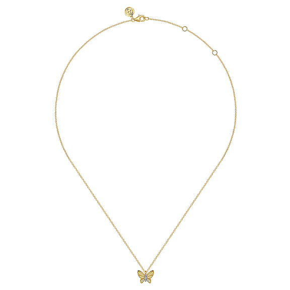 14K Yellow Gold Butterfly Necklace With Diamond Cut Finish And Graduating Diamonds