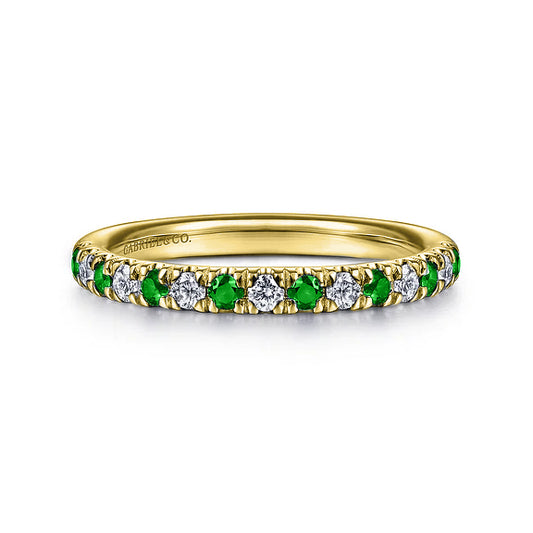 14K Yellow Gold 15 Stone Diamond and Emerald Anniversary Band