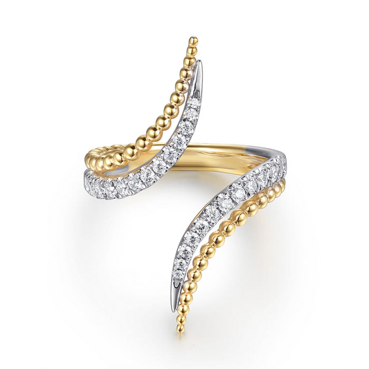 14K White & Yellow Gold Bujukan and Diamond Double Row Bypass Ring