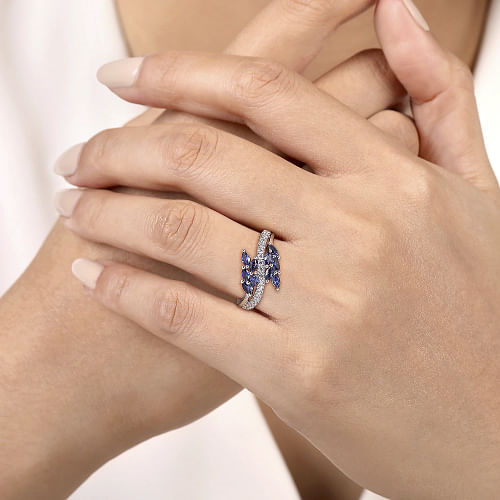Gabriel & Co | 14K White Gold Diamond and Blue Sapphire Marquise Floral Ring