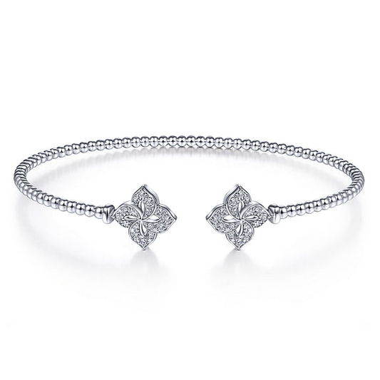 14K White Gold Bujukan Split Cuff Bracelet with Diamond Flower Caps