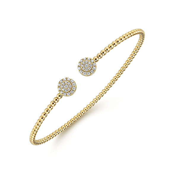 14K Yellow Gold Bujukan Bead Split Cuff Bracelet with Round Pave Diamond Discs