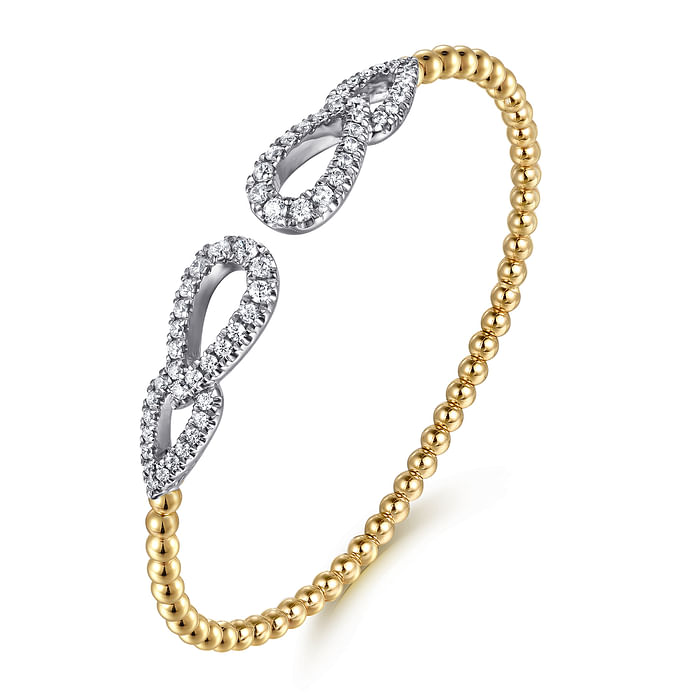 14K White and Yellow Gold Bujukan and Diamond Double Teardrop Open Bangle Bracelet