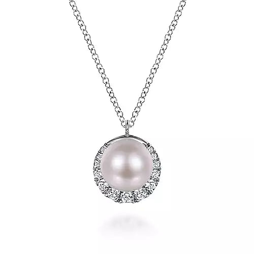 14K White Gold Cultured Pearl and Diamond Halo Pendant Necklace