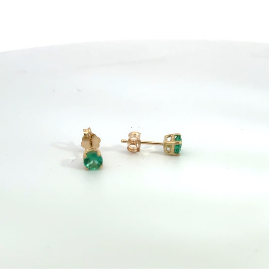 14K Yellow Gold Round Emerald Stud Earrings