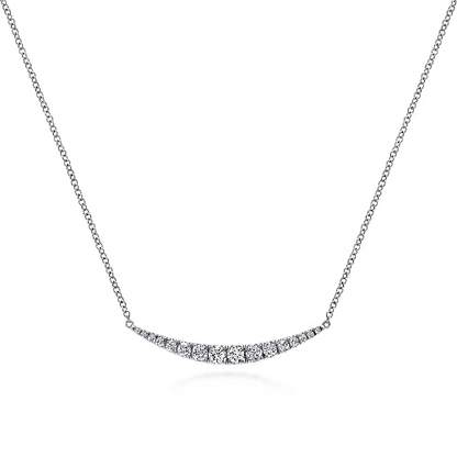 14K White Gold Curved Diamond Bar Necklace