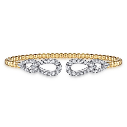 14K White and Yellow Gold Bujukan and Diamond Double Teardrop Open Bangle Bracelet
