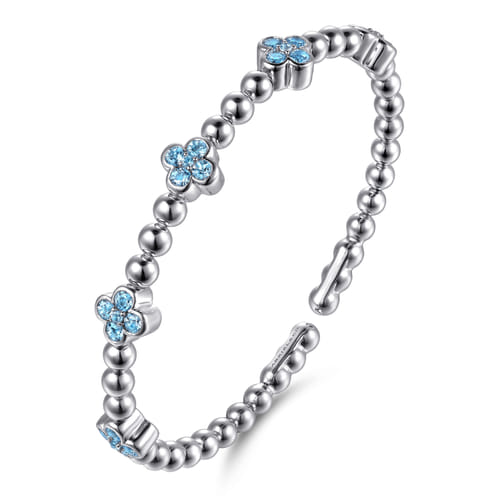 925 Sterling Silver Blue Topaz Clover Bujukan Split Bangle Bracelet (1.81 CTW)