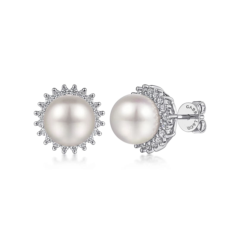 14K White Gold Pearl with Diamond Halo Stud Earrings