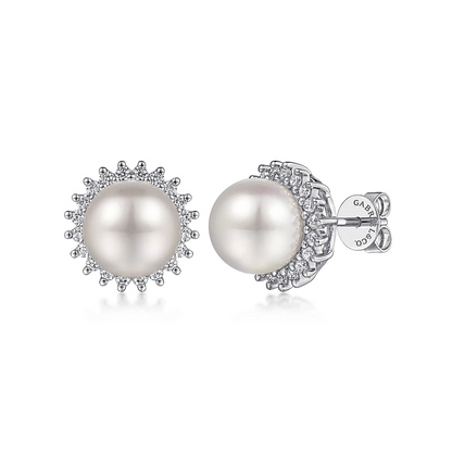 14K White Gold Pearl with Diamond Halo Stud Earrings