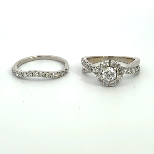 Kirkland Jewelry Estate - 14K White Gold Halo Twist Engagement Ring and Wedding Band Set (1.33 CTW)