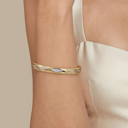 14K Yellow Gold Bujukan Diamond Chevron Pattern Bangle Bracelet