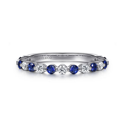 14K White Gold Single Prong Diamond and Sapphire Anniversary Band