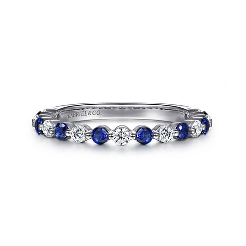 14K White Gold Single Prong Diamond and Sapphire Anniversary Band