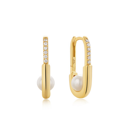 Gold Pearl Interlock Oval Hoop Earrings