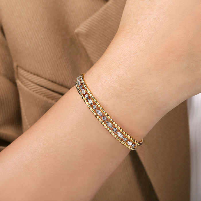 14K Yellow Gold Bujukan Cuff Bracelet With Marquise and Round Diamonds - 1.24 Carats