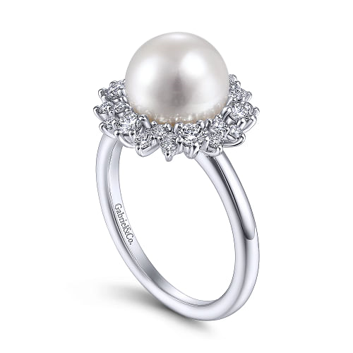 14K White Gold Round Pearl and Diamond Halo Ring