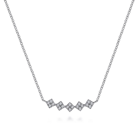Gabriel & Co | 14K White Gold Square Station Diamond Pave Curved Bar Necklace