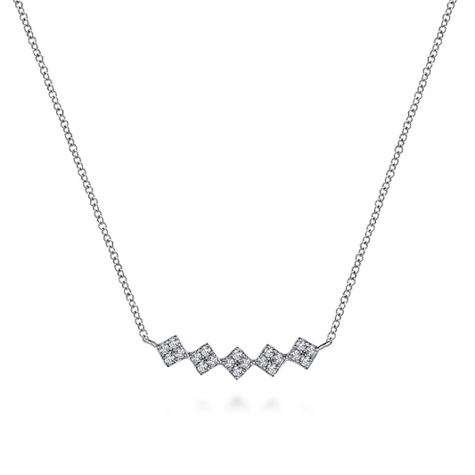 14K White Gold Square Station Diamond Pave Curved Bar Necklace