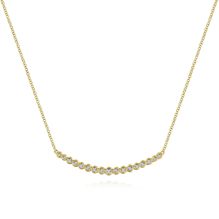 14K Yellow Gold Curved Bar Necklace with Bezel Set Round Diamonds