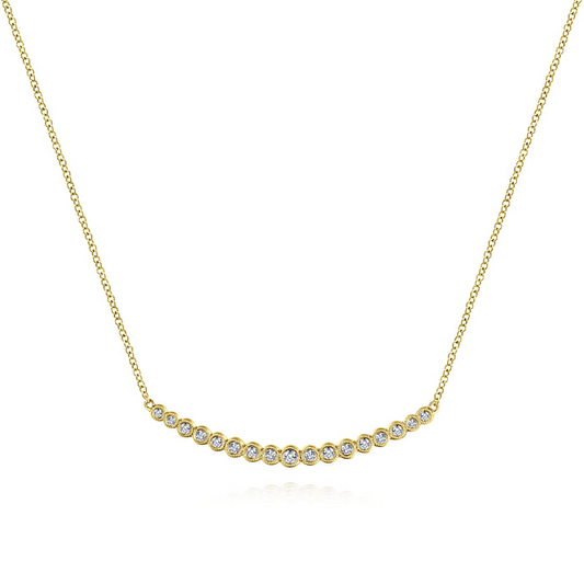 14K Yellow Gold Curved Bar Necklace with Bezel Set Round Diamonds