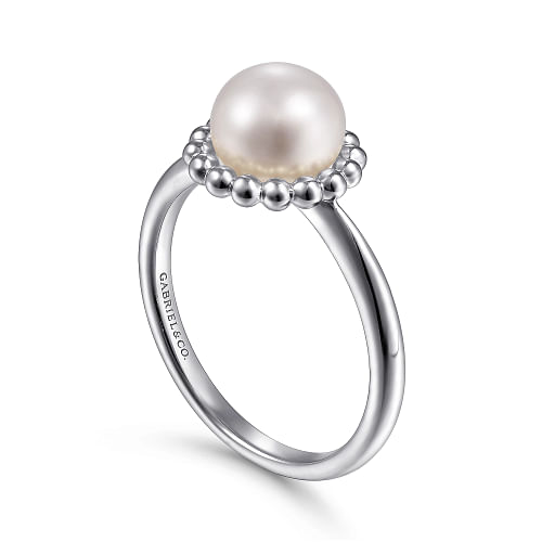 Gabriel & Co | 925 Sterling Silver Pearl Ring with Bujukan Beaded Halo