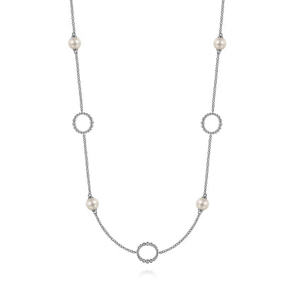 925 Sterling Silver Pearl and Open Circle Station Necklace