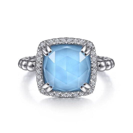 Gabriel & Co | 925 Sterling Silver White Sapphire and Turquoise Halo Signet Ring