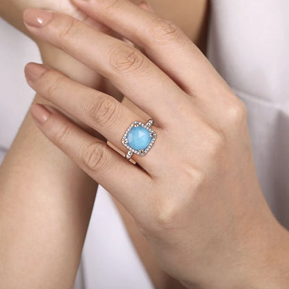 925 Sterling Silver White Sapphire and Turquoise Halo Signet Ring