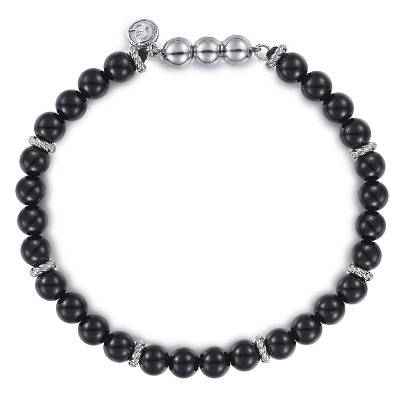 925 Sterling Silver and 6mm Black Onyx Beaded Bracelet