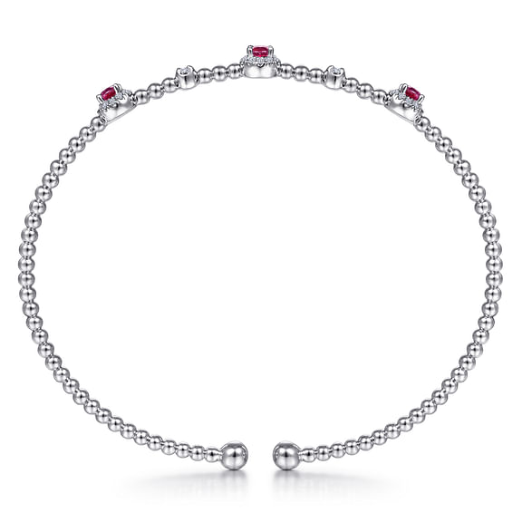 14K White Gold Bujukan Bead Cuff Bracelet with Rubies and Diamond Halo Stations