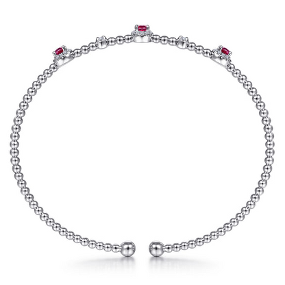 14K White Gold Bujukan Bead Cuff Bracelet with Rubies and Diamond Halo Stations