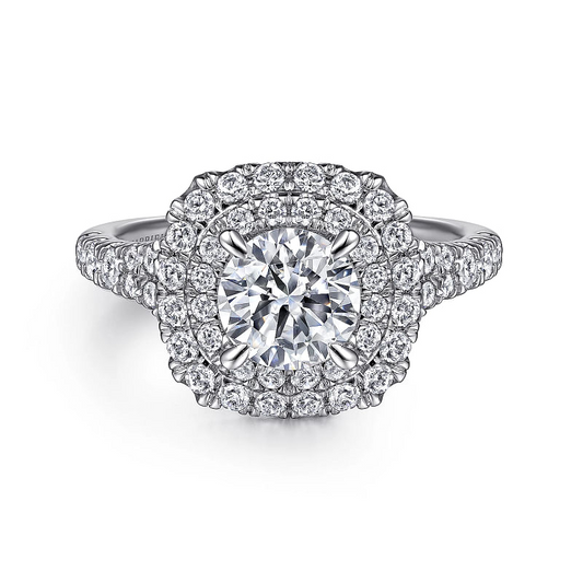 Gabriel & Co | Lexie - 14k White Gold Cushion Double Halo Round Diamond Engagement Ring