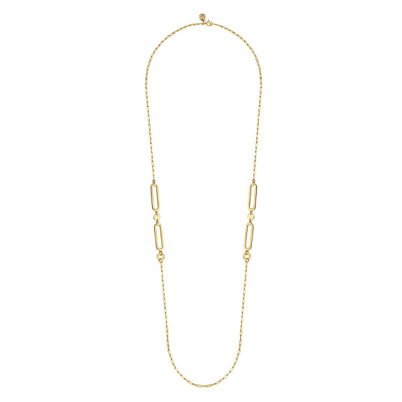 14K Yellow Gold Link Station Necklace With Hollow Paperclip Chain