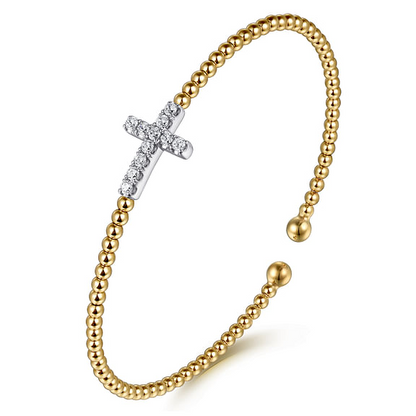 14K White and Yellow Gold Bijukan and Diamond Cross Split Bangle Bracelet
